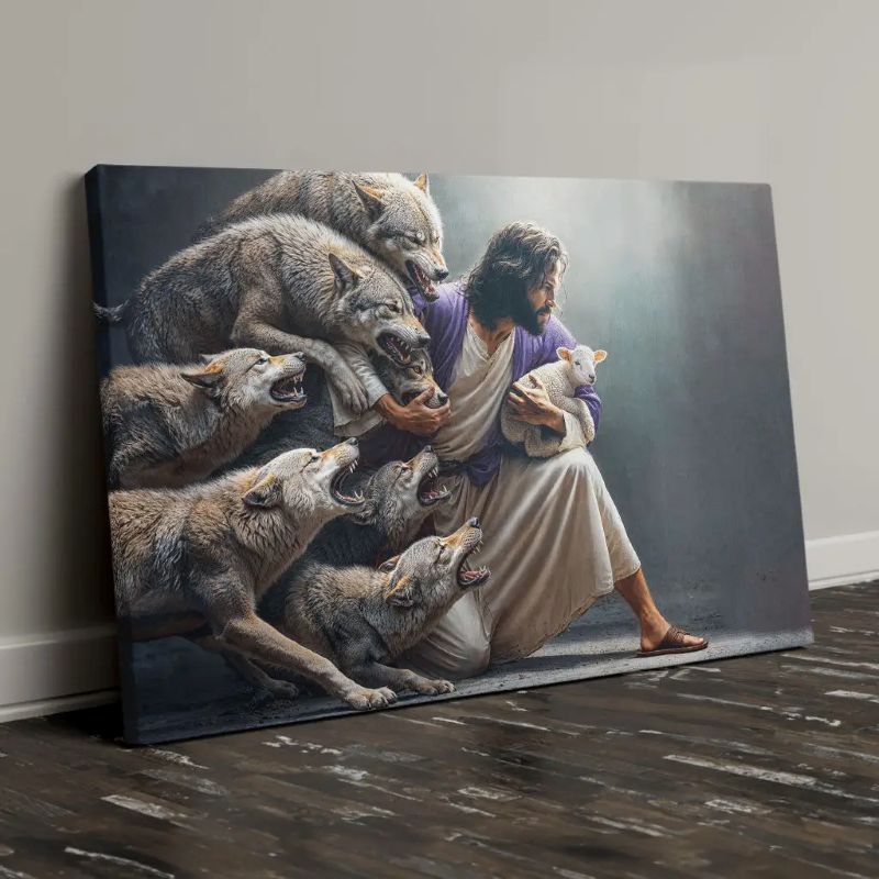 Jesus Protects The Lamb From Wolves - D377 - Gallery Wrapped Canvas Prints
