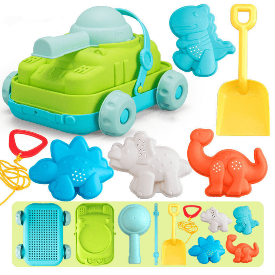 Dinosaur Sand Toys Beach Toys Set with Molds Digger Scoop Shovel Rake Truck
