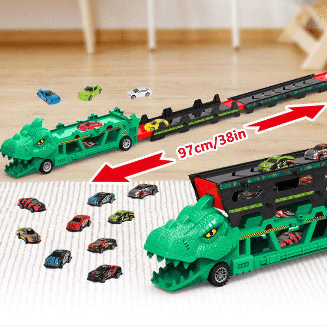 Foldable Ejection Dinosaur Toy Truck with 6 Alloy Race Cars