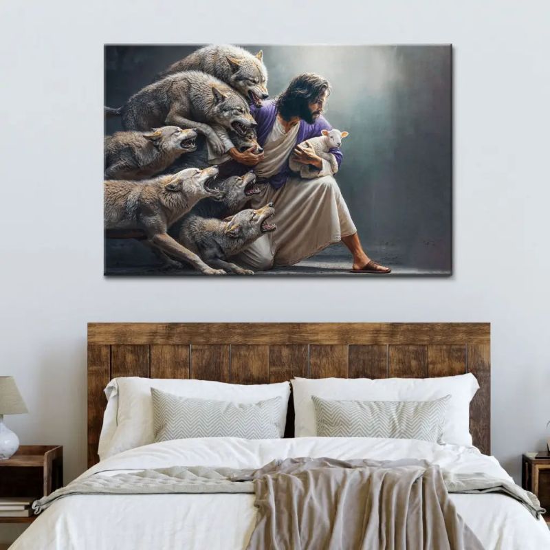 Jesus Protects The Lamb From Wolves - D377 - Gallery Wrapped Canvas Prints