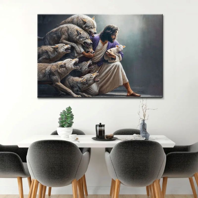Jesus Protects The Lamb From Wolves - D377 - Gallery Wrapped Canvas Prints