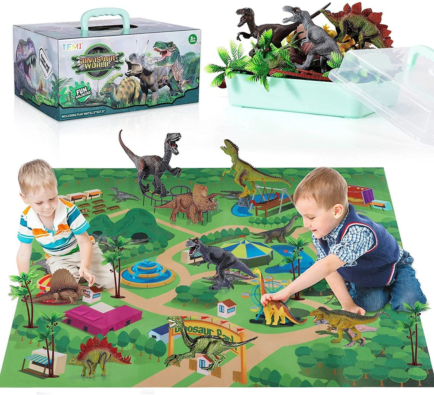 Educational Realistic Dinosaur Toys Figures Activity Play Mat Trees & Container Playset