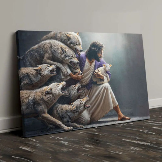 Jesus Protects The Lamb From Wolves - D377 - Gallery Wrapped Canvas Prints