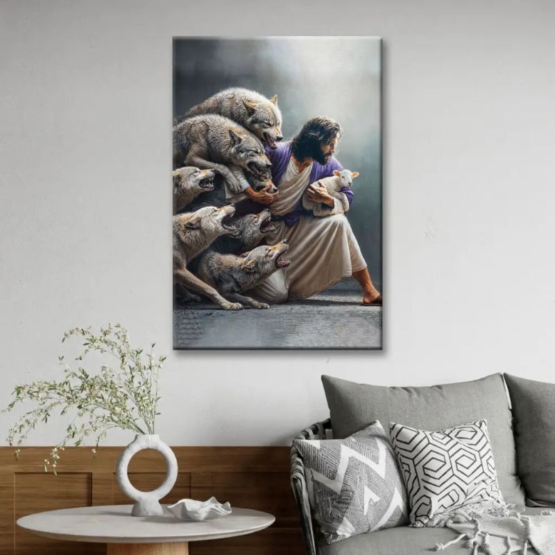 Jesus Protects The Lamb From Wolves - D377 - Gallery Wrapped Canvas Prints