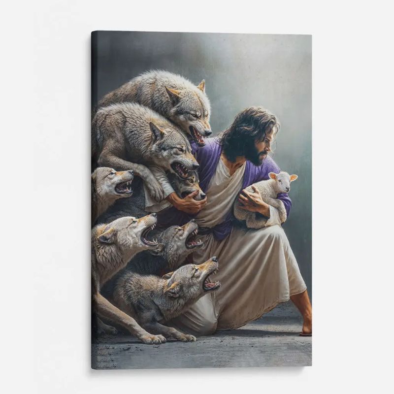 Jesus Protects The Lamb From Wolves - D377 - Gallery Wrapped Canvas Prints