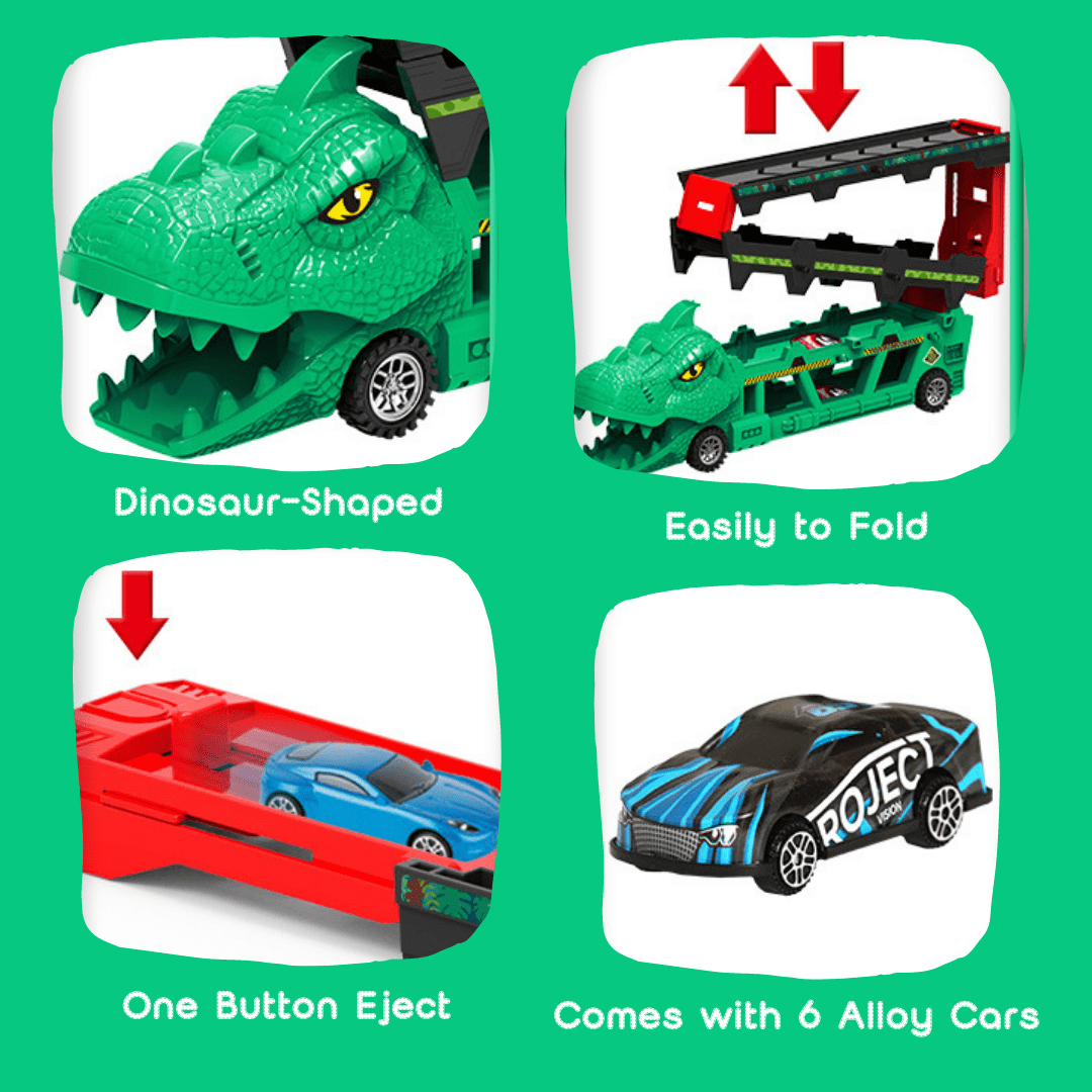 Foldable Ejection Dinosaur Toy Truck with 6 Alloy Race Cars