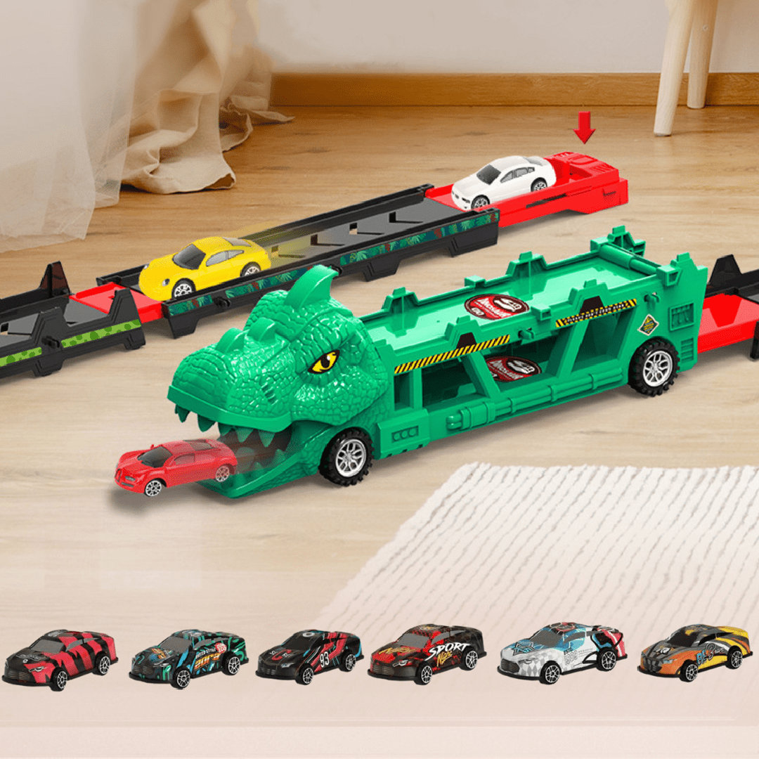 Foldable Ejection Dinosaur Toy Truck with 6 Alloy Race Cars