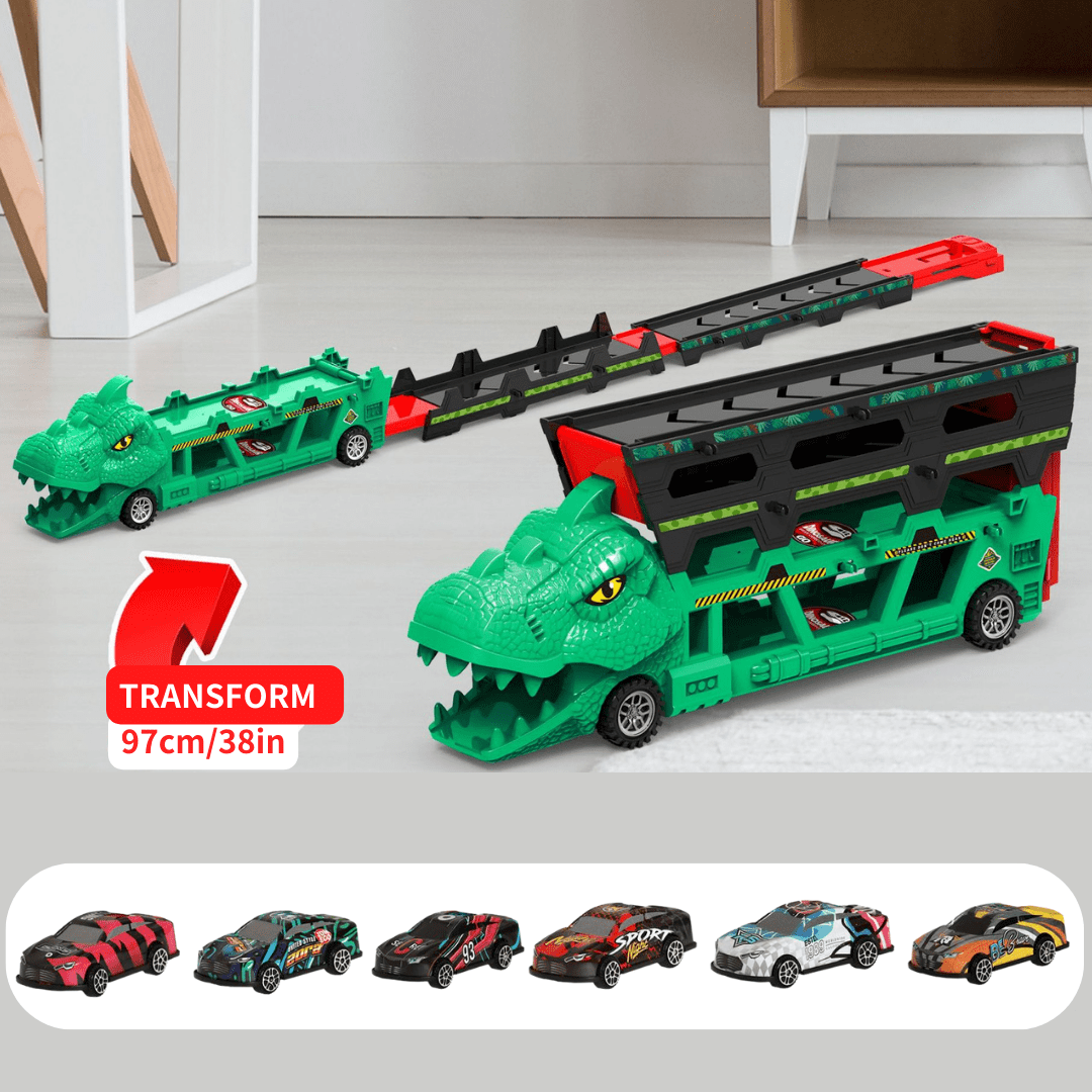 Foldable Ejection Dinosaur Toy Truck with 6 Alloy Race Cars