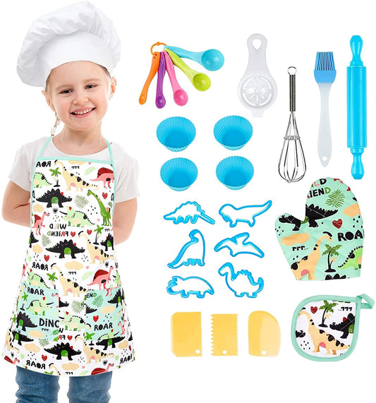 Cooking Baking Toy Set for Kids with Dinosaur Apron Chef Costume Kitchen Role Playing