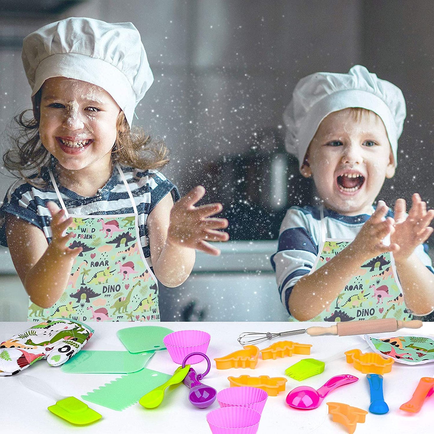 Cooking Baking Toy Set for Kids with Dinosaur Apron Chef Costume Kitchen Role Playing
